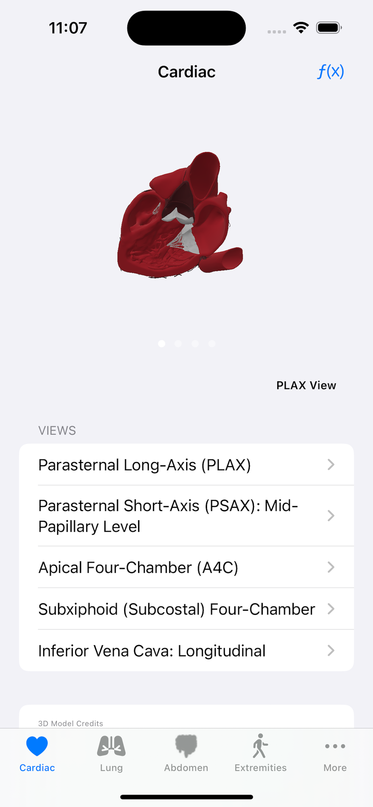 Pocket POCUS cardiac screen showing an interactive 3D heart model and a list of cardiac views: PLAX, PSAX, Apical Four-Chamber, Subxiphoid, and IVC.
